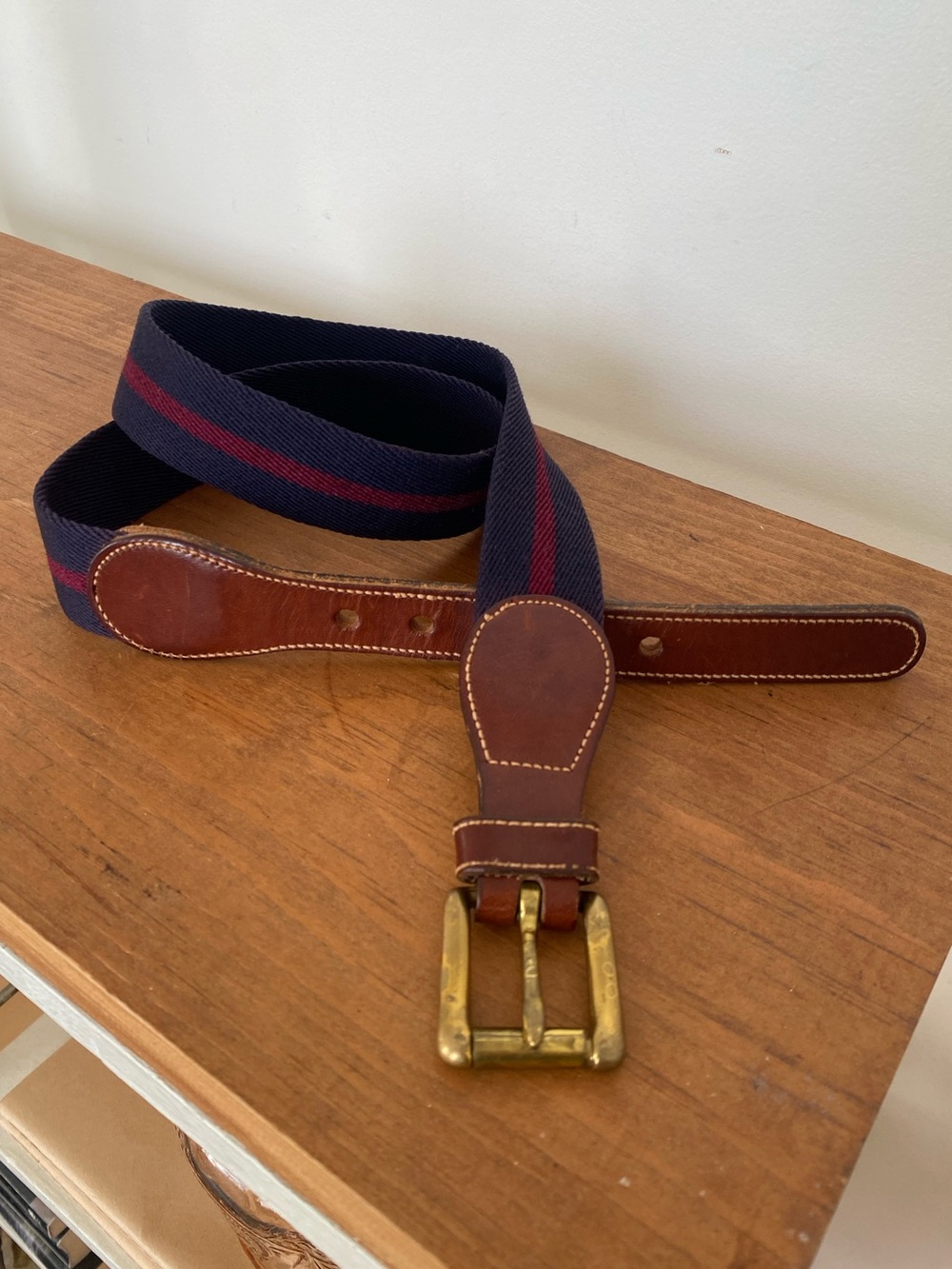 Vintage Dooney & Bourke Striped Canvas Belt Size 34 Brass Duck Logo Preppy Ivy